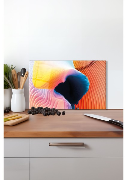 Turuncu Renkli Dalgalar Cam Kesme Tahtası, Silikon Ayaklı, Isıya Kırılmaya Dayanıklı, Sunum Tablası