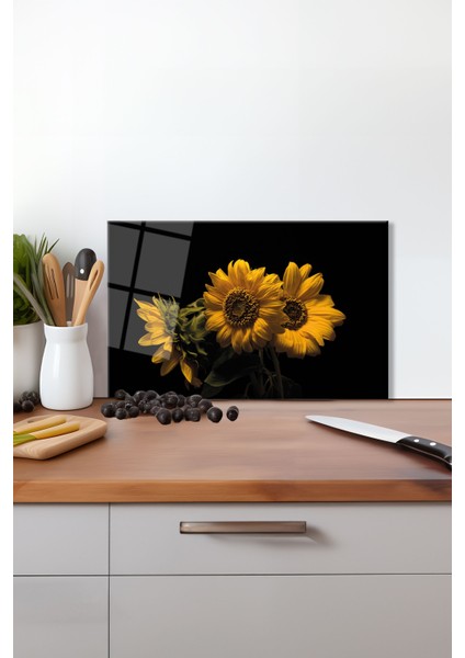 Sarı Ayçiçekleri Cam Kesme Tahtası, Silikon Ayaklı Isıya Kırılmaya Dayanıklı Sunum Kesim Tablası