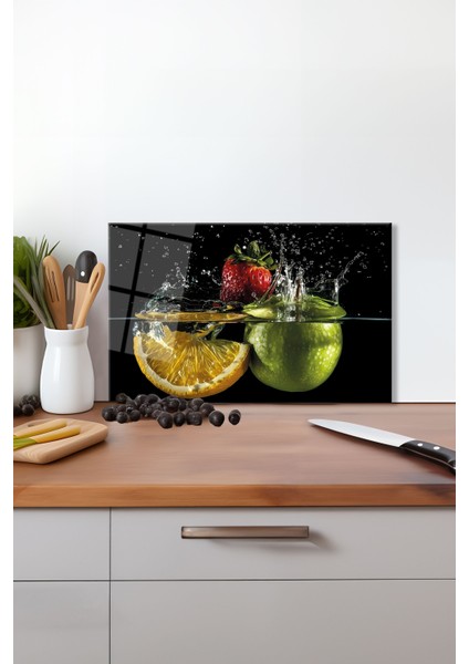 Su Içinde Elma Limon Cam Kesme Tahtası, Silikon Ayaklı Isıya Kırılmaya Dayanıklı Sunum Kesim Tablası