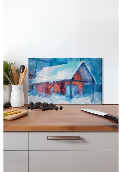 Kış Temalı Ev Cam Kesme Tahtası, Silikon Ayaklı, Isıya Kırılmaya Dayanıklı, Sunum Kesim Tablası