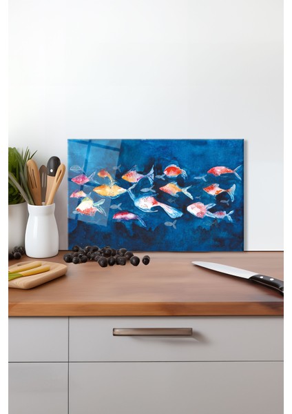 Turuncu Balıklar Cam Kesme Tahtası, Silikon Ayaklı, Isıya Kırılmaya Dayanıklı, Sunum Tablası