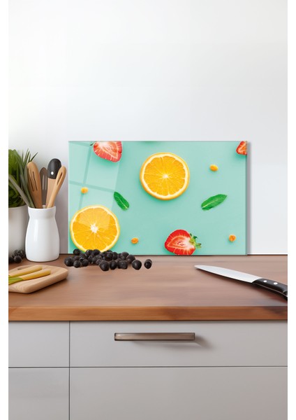 Çilek Portakal Cam Kesme Tahtası, Silikon Ayaklı, Isıya Kırılmaya Dayanıklı, Sunum Kesim Tablası