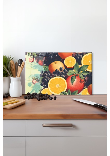 Meyve Illüstrasyonu Cam Kesme Tahtası, Silikon Ayaklı Isıya Kırılmaya Dayanıklı Sunum Kesim Tablası