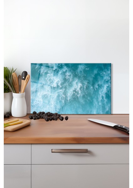 Mavi Köpüren Deniz Dalgası Cam Kesme Tahtası , Silikon Ayaklı, Isıya Kırılmaya Dayanıklı, Sunum Kesim Tablası
