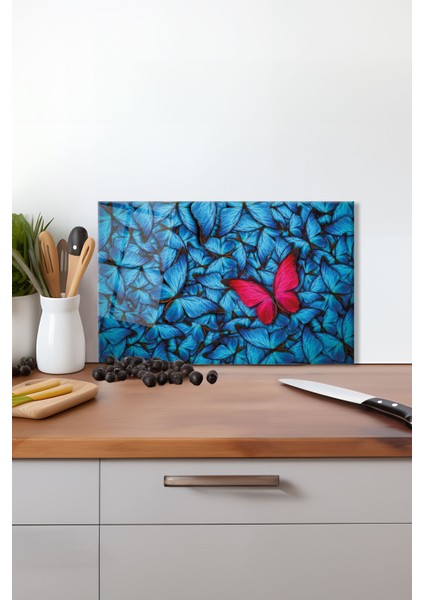 Mavi Kırmızı Kelebek Cam Kesme Tahtası, Silikon Ayaklı Isıya Kırılmaya Dayanıklı Sunum Kesme Tablası