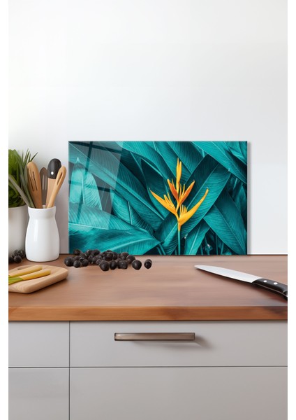 Yeşil Cennet Çiçeği Cam Kesme Tahtası, Silikon Ayaklı Isıya Kırılmaya Dayanıklı, Sunum Kesim Tablası