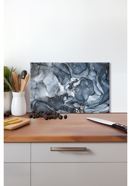 Gri Silver Simli Cam Kesme Tahtası, Silikon Ayaklı, Isıya Kırılmaya Dayanıklı, Sunum Kesim Tablası