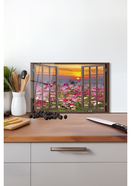 Pembe Çiçeklere Açılan Pencere Cam Kesme Tahtası , Silikon Ayaklı, Kırılmaya Dayanıklı Sunum Tablası