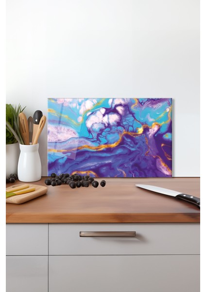 Mor Mavi Soyut Cam Kesme Tahtası, Silikon Ayaklı, Isıya Kırılmaya Dayanıklı, Sunum Kesim Tablası