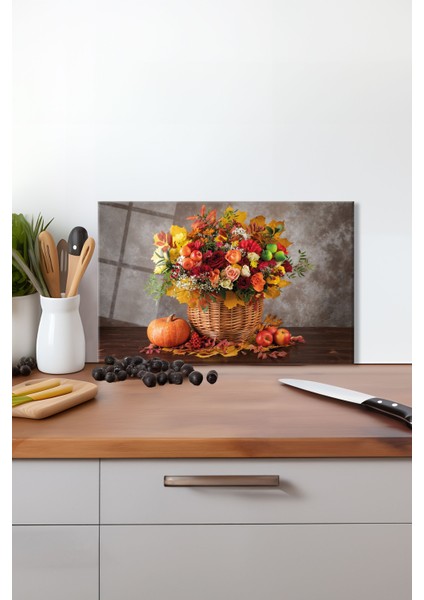 Sonbahar Çiçekli Cam Kesme Tahtası, Silikon Ayaklı, Isıya Kırılmaya Dayanıklı, Sunum Kesim Tablası