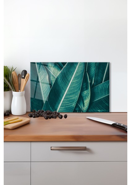 Tropik Yeşil Yapraklar Cam Kesme Tahtası, Silikon Ayaklı, Isıya Kırılmaya Dayanıklı, Sunum Tablası