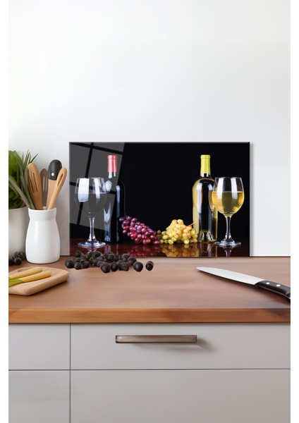 Üzümler ve Şaraplar Cam Kesme Tahtası , Silikon Ayaklı Isıya Kırılmaya Dayanıklı Sunum Kesim Tablası