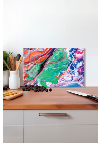 Soyut Renkli Suluboya Cam Kesme Tahtası, Silikon Ayaklı, Isıya Kırılmaya Dayanıklı, Sunum Tablası