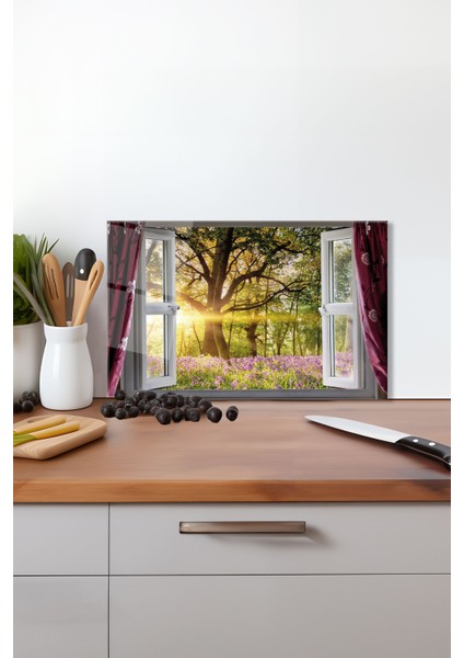 Doğaya Açılan Pencere Cam Kesme Tahtası , Silikon Ayaklı, Isıya Kırılmaya Dayanıklı, Sunum Tablası