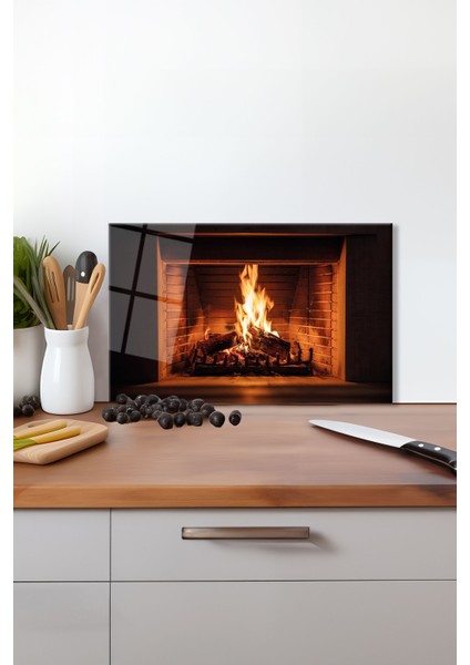 Şömine ve Ateşi Cam Kesme Tahtası , Silikon Ayaklı, Isıya Kırılmaya Dayanıklı, Sunum Kesim Tablası