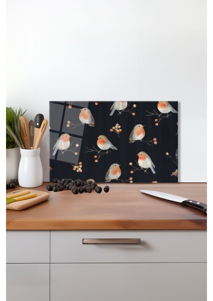 Kızıl Bülbül Kuşları Cam Kesme Tahtası Silikon Ayaklı Isıya Kırılmaya Dayanıklı Sunum Kesim Tablası