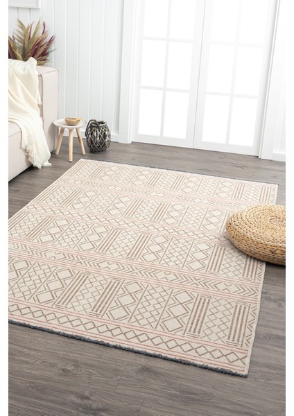 Ares Kemik Bej Halı Yıkanabilir Kaymaz Taban Şönil Kilim Dokuma Pamuk Taban Kilim NV17 80 x 300 cm