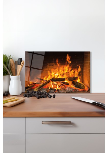 Şömine Odun ve Ateş Cam Kesme Tahtası , Silikon Ayaklı Isıya Kırılmaya Dayanıklı Sunum Kesim Tablası