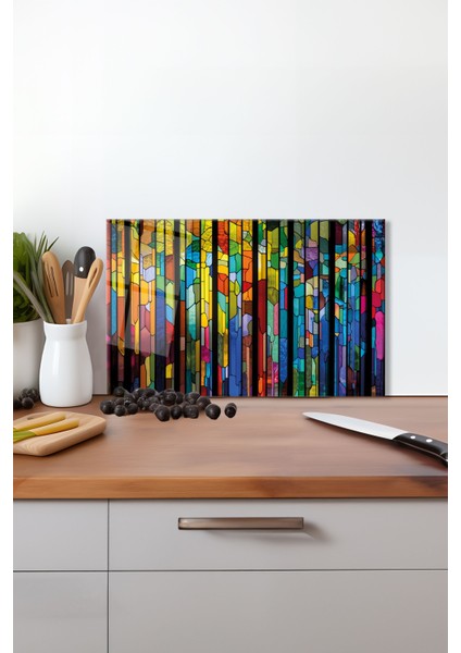 Rengarenk Mozaik Desen Cam Kesme Tahtası, Silikon Ayaklı, Isıya Kırılmaya Dayanıklı, Sunum Tablası