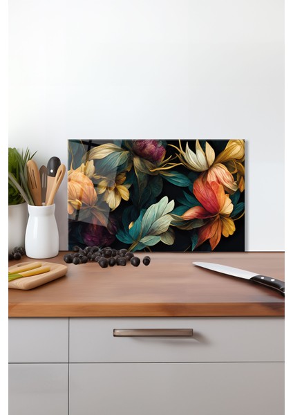 Renkli Yapraklı Vintage Cam Kesme Tahtası, Silikon Ayaklı, Isıya Kırılmaya Dayanıklı, Sunum Tablası