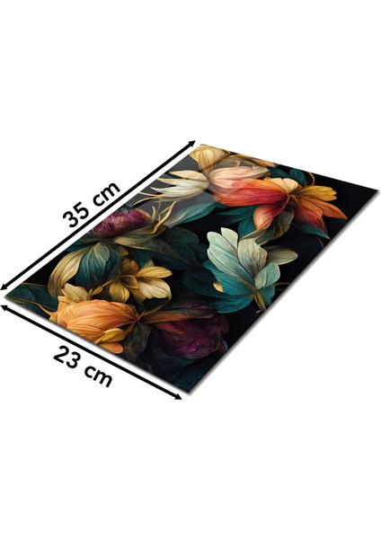 Renkli Yapraklı Vintage Cam Kesme Tahtası, Silikon Ayaklı, Isıya Kırılmaya Dayanıklı, Sunum Tablası fiyatları