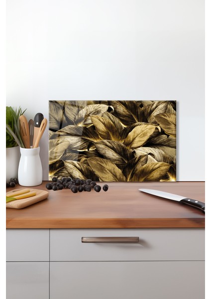 Sarı Yapraklar Cam Kesme Tahtası, Silikon Ayaklı, Isıya Kırılmaya Dayanıklı, Sunum Kesim Tablası