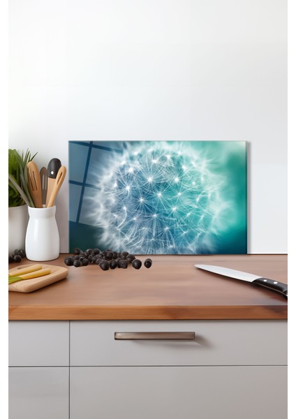 Turkuaz Karahindiba Cam Kesme Tahtası, Silikon Ayaklı Isıya Kırılmaya Dayanıklı Sunum Kesim Tablası