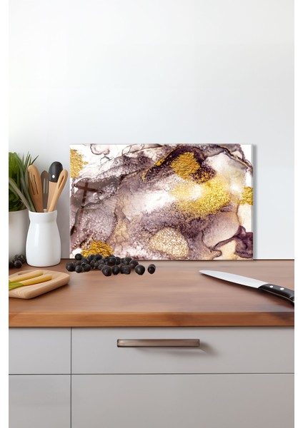 Gold Detay Pastel Renk Cam Kesme Tahtası, Silikon Ayaklı, Isıya Kırılmaya Dayanıklı, Sunum Tablası