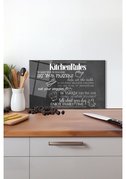 Kitchen Rules Cam Kesme Tahtası , Silikon Ayaklı, Isıya Kırılmaya Dayanıklı, Sunum Kesim Tablası