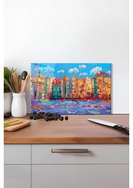 Renkli Sanatsal Şehir Cam Kesme Tahtası, Silikon Ayaklı Isıya Kırılmaya Dayanıklı, Sunum Tablası