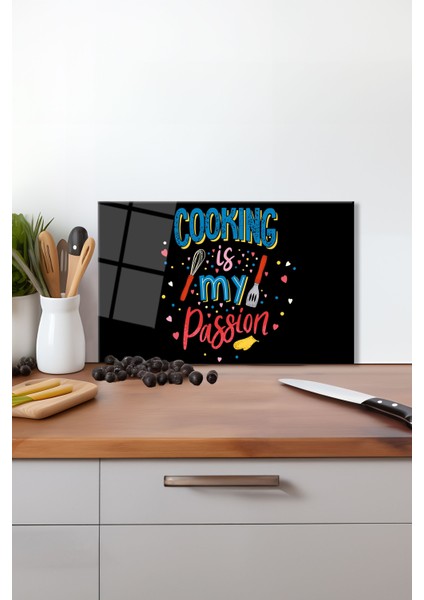Cooking Is My Possion Cam Kesme Tahtası Silikon Ayaklı Isıya Kırılmaya Dayanıklı Sunum Kesim Tablası
