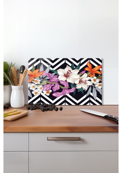 Çiçekli Zigzag Desenli Cam Kesme Tahtası , Silikon Ayaklı, Kırılmaya Dayanıklı, Sunum Kesim Tablası