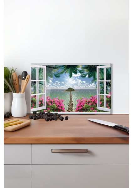 Ada Manzaralı Pencere Cam Kesme Tahtası Silikon Ayaklı Isıya Kırılmaya Dayanıklı Sunum Kesim Tablası