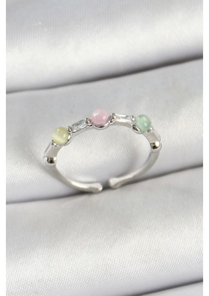 Pirinç Sıralı Boncuk Figürlü Zirkon Taşlı Gümüş Renk Ayarlanabilir Kadın Yüzük