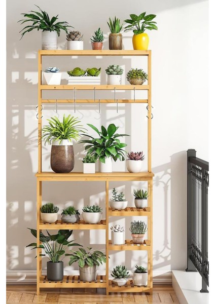 Bambu 8 Raflı Mutfak Bangosu Kahve Köşesi Fincan Askılı Mutfak Standı Dolap DB-0033