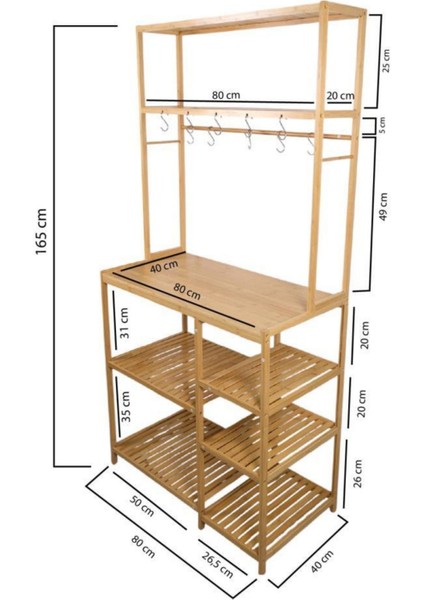 Bambu 8 Raflı Mutfak Bangosu Kahve Köşesi Fincan Askılı Mutfak Standı Dolap DB-0033