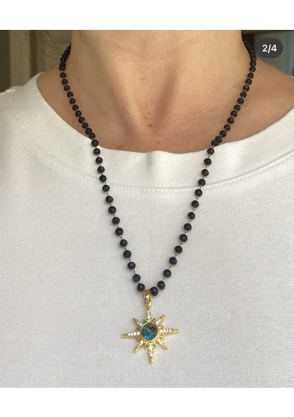 Kolye Çelik Siyah Boncuklu Güneş Uçlu Mercan Yeşili Taşlı Çelik 14 K Renk Günlük ve Gece Şıklığına Uygun Şık Kolye ZRN ACCESORIES