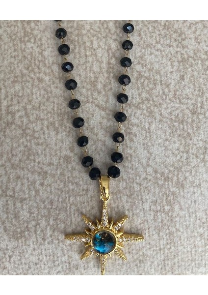 Kolye Çelik Siyah Boncuklu Güneş Uçlu Mercan Yeşili Taşlı Çelik 14 K Renk Günlük ve Gece Şıklığına Uygun Şık Kolye ZRN ACCESORIES modelleri