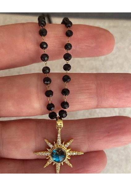 Kolye Çelik Siyah Boncuklu Güneş Uçlu Mercan Yeşili Taşlı Çelik 14 K Renk Günlük ve Gece Şıklığına Uygun Şık Kolye ZRN ACCESORIES fırsatları