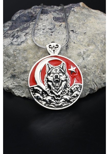 Bozkurt - Kurt - Ay Yıldızlı - Ay Yıldız Mineli 925 Ayar Gümüş Kolye Zincir 902125