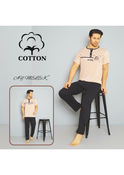 Ay Melek Erkek Pamuklu Pijama Takımı Cotton Gömlek ve Pijama Seti