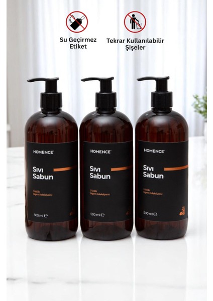 Sıvı Sabun Etiketli Plastik Şişe Seti 3'lü Amber 500 ml