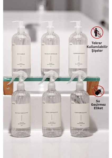 Mutfak Seti Plastik Şişe Sabunluk Seti 6'lı Şeffaf 500 ml