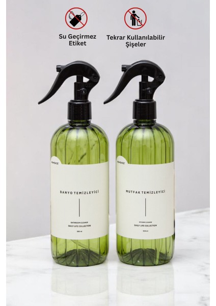 Banyo Temizleyici Ve Mutfak Temizleyici Etiketli Spreyli Plastik Şişe Seti 2'li Yeşil 500 ml