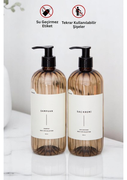 Şampuan Ve Saç Kremi Etiketli Pompalı Plastik Şişe Seti 2'li Açık Kahverengi Sabunluk 500 ml