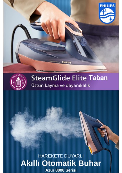 Azur Seri Premium Buharlı Ütü, Şık Tasarım, 260 G Turbo Şok Buhar 3000W, Otomatik Kapanma, Damlama Yapmaz Özel Taban Teknolojisi, Onerous Mutfak Tartısı