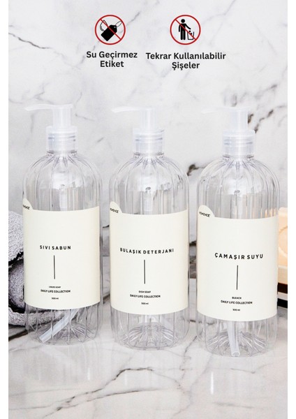 Sıvı Sabun Bulaşık Deterjanı Çamaşır Suyu Etiketli Pompalı Plastik Şişe 3'lü Şeffaf 500ml