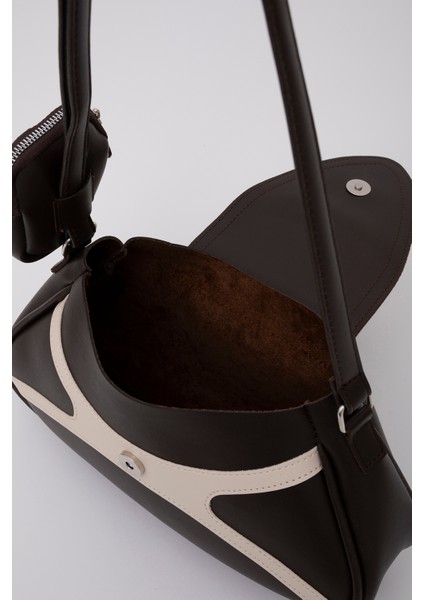 Kahverengi/krem SHK96 Suni Deri Tek Bölmeli Cüzdanlı Kol ve Omuz Çantası