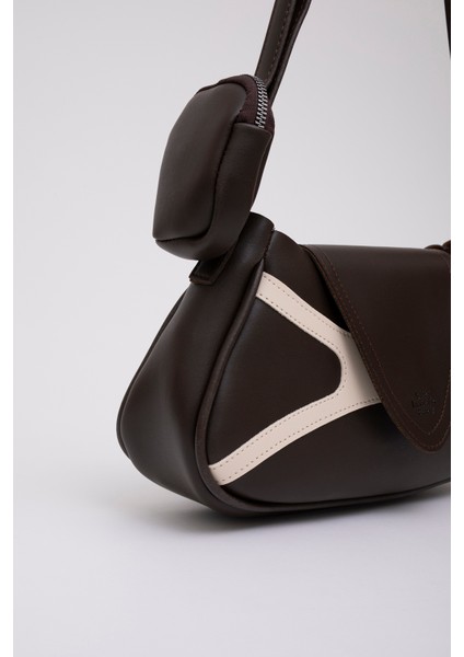 Kahverengi/krem SHK96 Suni Deri Tek Bölmeli Cüzdanlı Kol ve Omuz Çantası