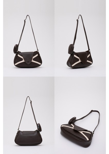 Kahverengi/krem SHK96 Suni Deri Tek Bölmeli Cüzdanlı Kol ve Omuz Çantası